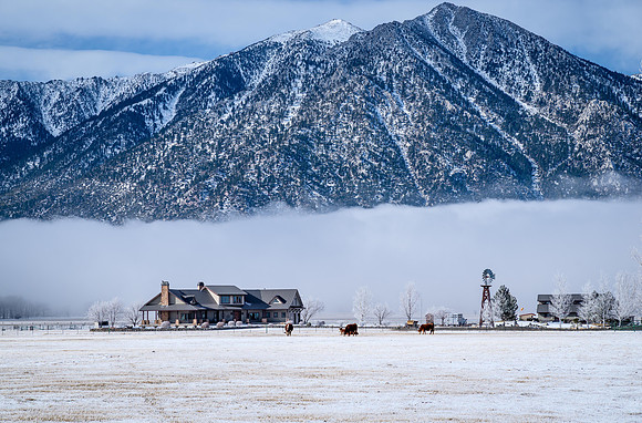 Modern ranch and low-lying fog hugging the Sierra Nevada Mountains